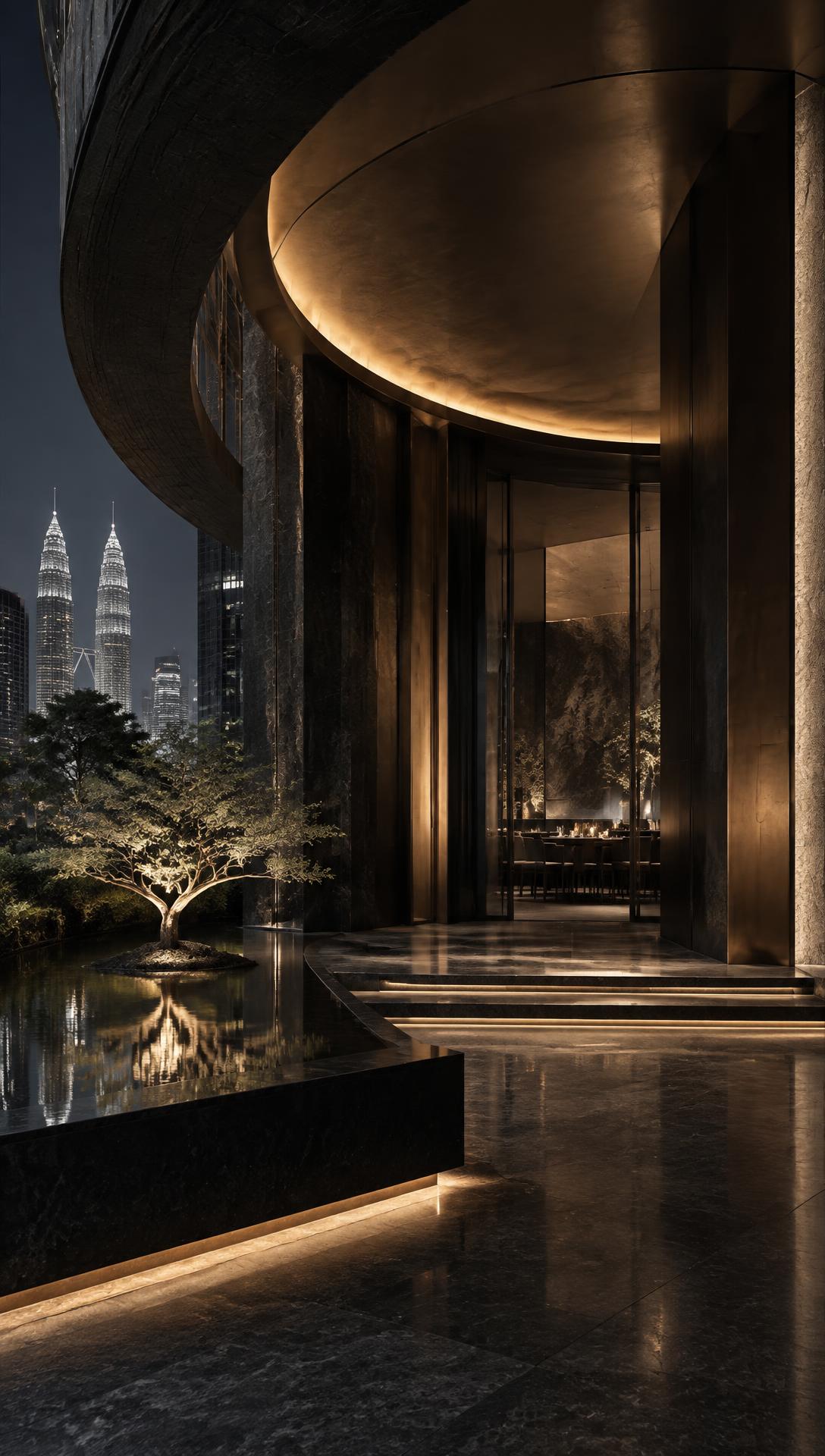 A cinematic restaurant entrance overlooking the Kuala Lumpur skyline