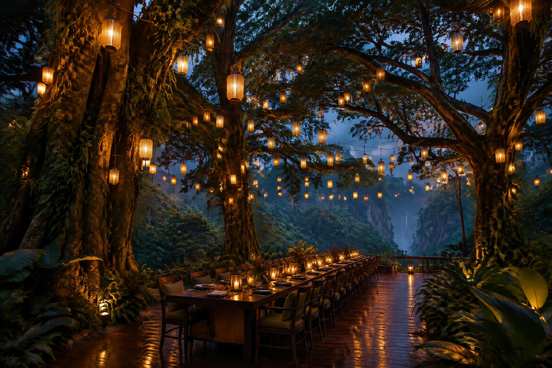 A canopy of warm lanterns suspended among ancient rainforest trees above a long dining table